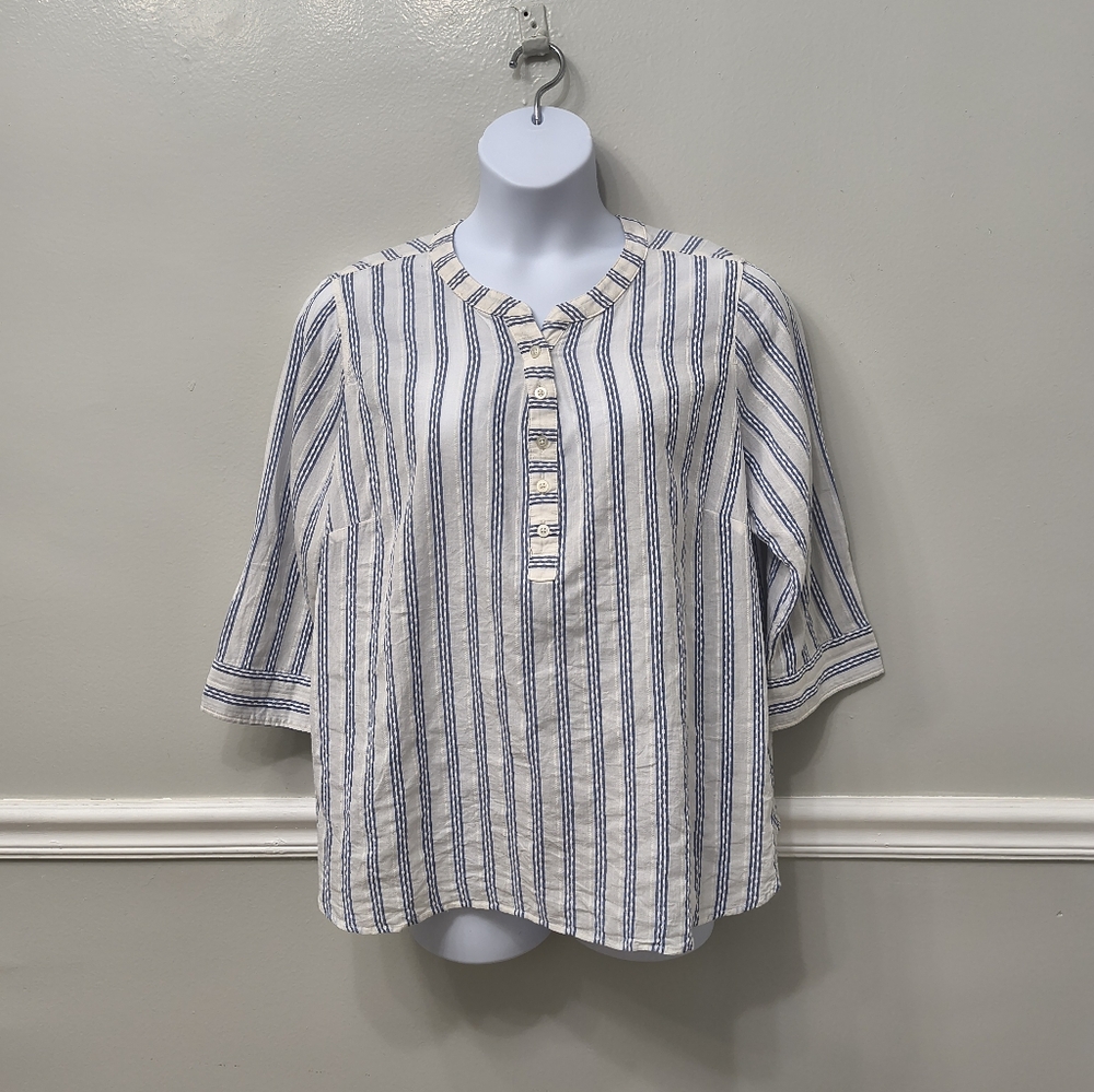 Talbots Cotton Striped Lightweight Henley Blouse Coastal Nautical 2X Blue White